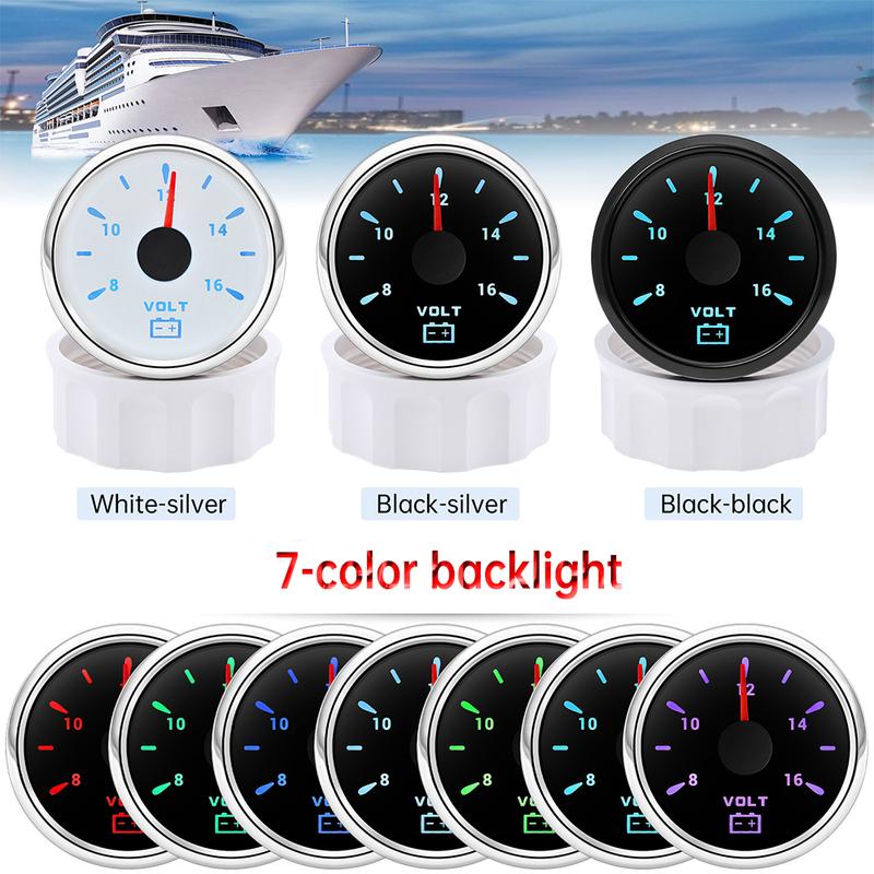 12V Car Accessories 2" 52mm VOLT Meter 8-16V Waterproof Voltage Gauge with 7 Colors Backlight for Car Boat Marine
