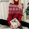 BITCED Autumn/Winter Jacquard Pullover Red Turtleneck Christmas Sweater Snowflake Knit Base Layer