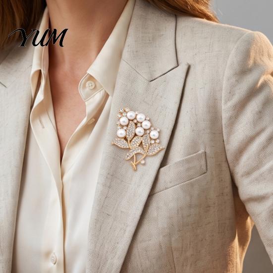 Wedding Party Brooch Flower Branch with Faux Pearls Rhinestones, Decorative Lapel Pin Daily Wear for Party, Dainty Jewelry Accessory Women Girls