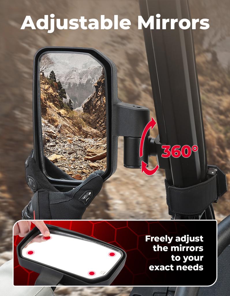 UTV Side Mirrors Spring Back Feature Pro-Fit Mirrors Compatible with Polaris Ranger 500 570 for Can-Am Defender Maverick Trail