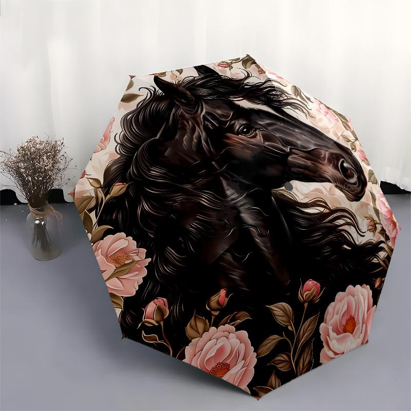 Horse Floral themed, Eight ribbed, Self folding umbrella Is Suitable for Everyday Outdoor Use and Is An Ideal Gift for Friends and Family, A