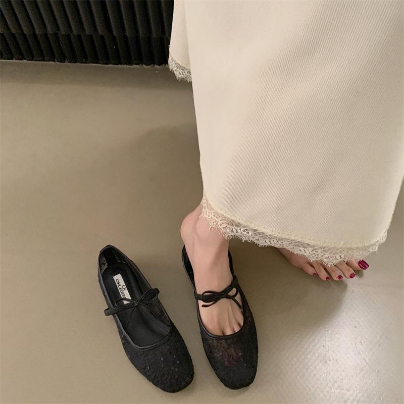 Женские черные туфли-балетки Мэри Джейн с вышивкой в виде цветов - Летние дышащие сетчатые туфли, Дизайн с квадратным носком, Модные туфли Мэри Джейн