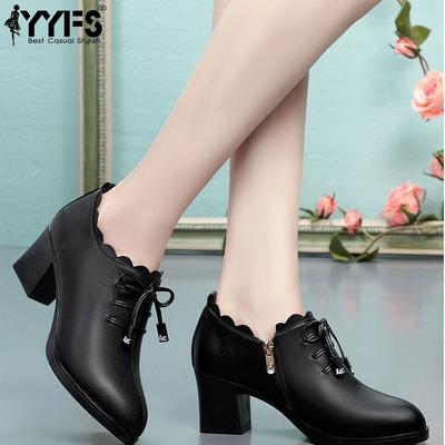 Кожаные туфли-лодочки на среднем каблуке с бантом для женщин - Мягкие, Универсальные, Удобные туфли на высоком каблуке