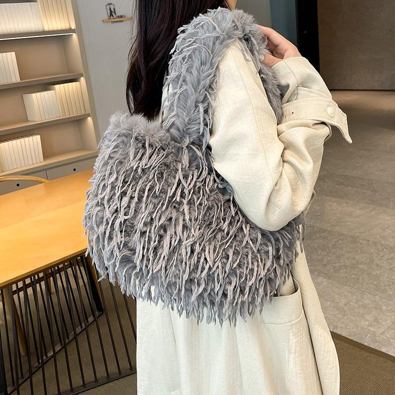 Autumn Fashion Plush Portable Tote Bag New Texture Fashion Shoulder Bag Solid Color Casual Women's Bag