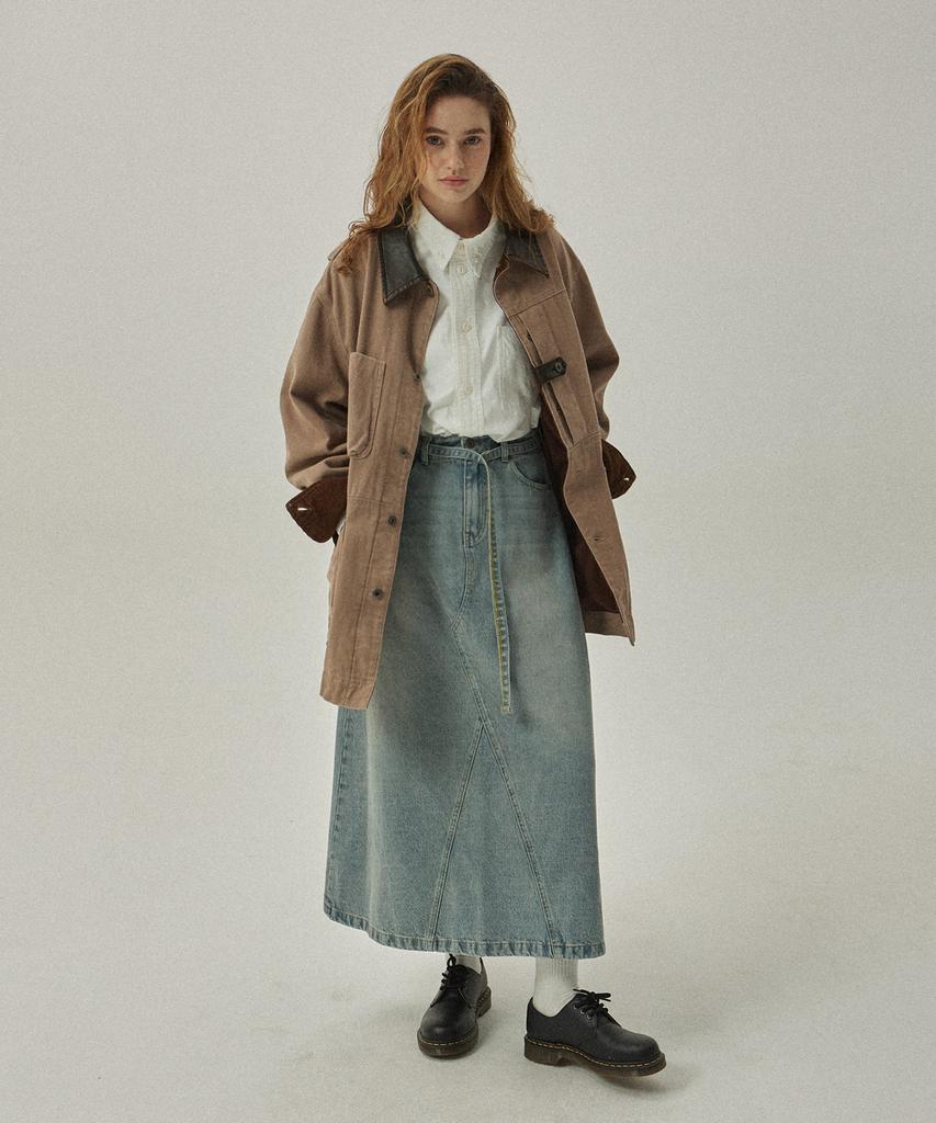 Mc Wood Gun Lon As 7996 Belted Fadewash Light Indigo Denim Long Skirt