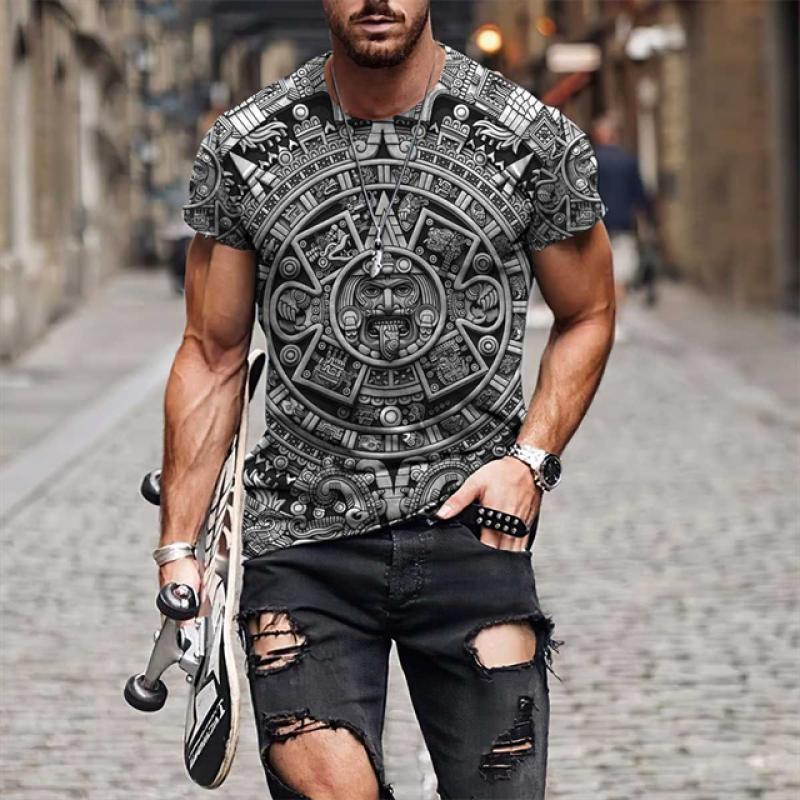 Mexico Aztec Men's T-Shirt, 3D Printed Short Sleeve T-Shirt, Day of Death, Street, Hip Hop, Large, 2023 New