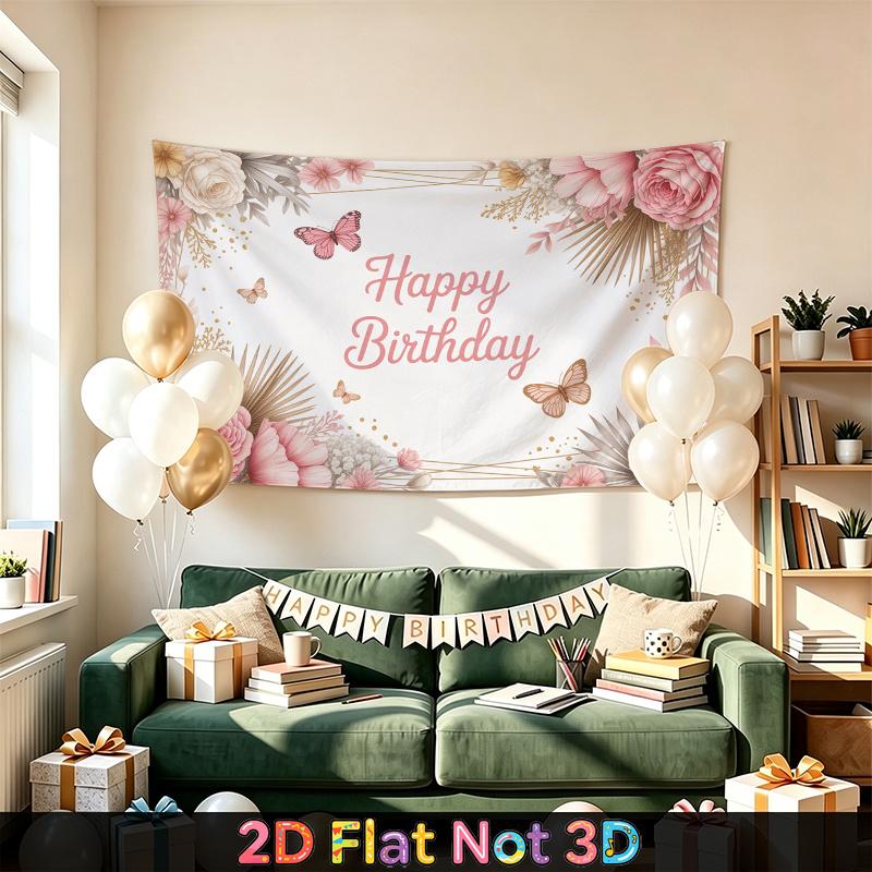 Party Backdrop Happy Birthday Birthday Floral Butterfly Pink Photo Booth Background Front Door Decor
