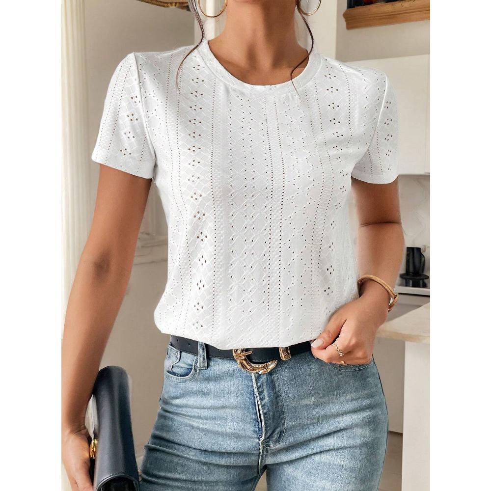 Frenchy Solid Eyelet Вышивка Круглый вырез Белая футболка Commute Минималистичный Офис Old Money Simple Commute Минималистичный Офис Old Money Simple
