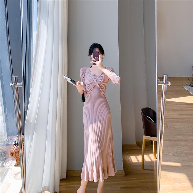 Корейское шерстяное вязаное платье «рыбий хвост» - Женское осенне-зимнее длинное выше колена облегающее базовое платье