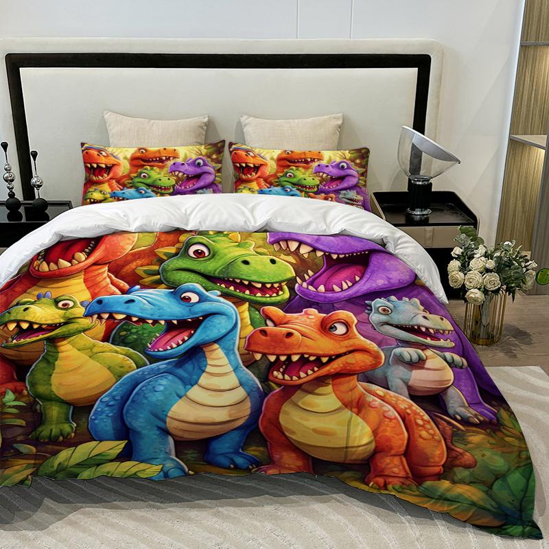 3Pc Cartoon Colorful Dinosaur Duvet Covers Comfortable Bedding Fabric Soft And Breathable Includ (Duvet Cover* 1+Pillowcases*2)