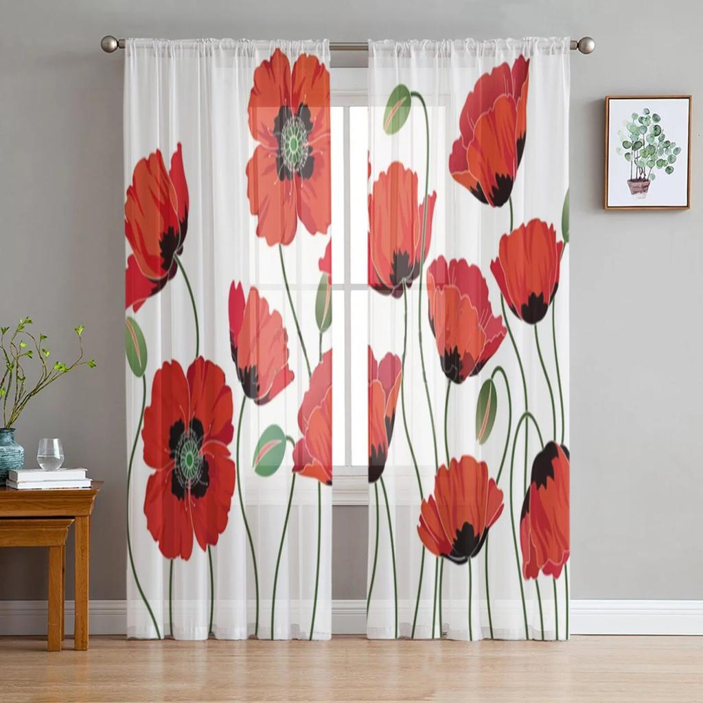 Poppies White Background Tulle Curtain For Living Room Sheer Valance Curtain For Kitchen Bedroom Window Drapes