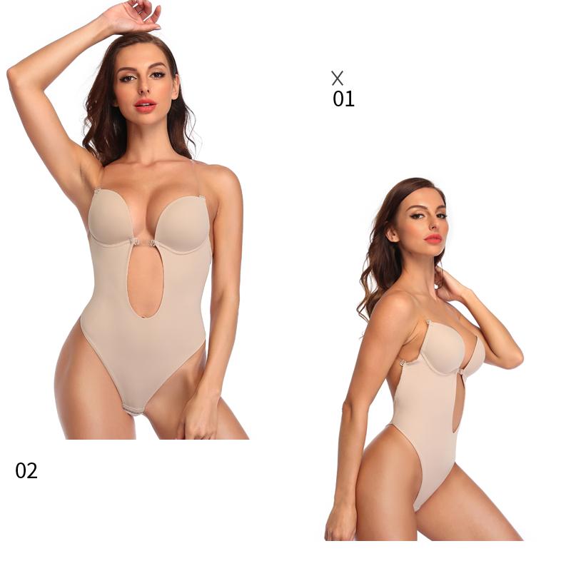 Women Shapewear Deep V-Neck Body Shaper Backless U Plunge Thong Shapers Waist Trainer Women's Clear Strap Padded Push Up Shapewear