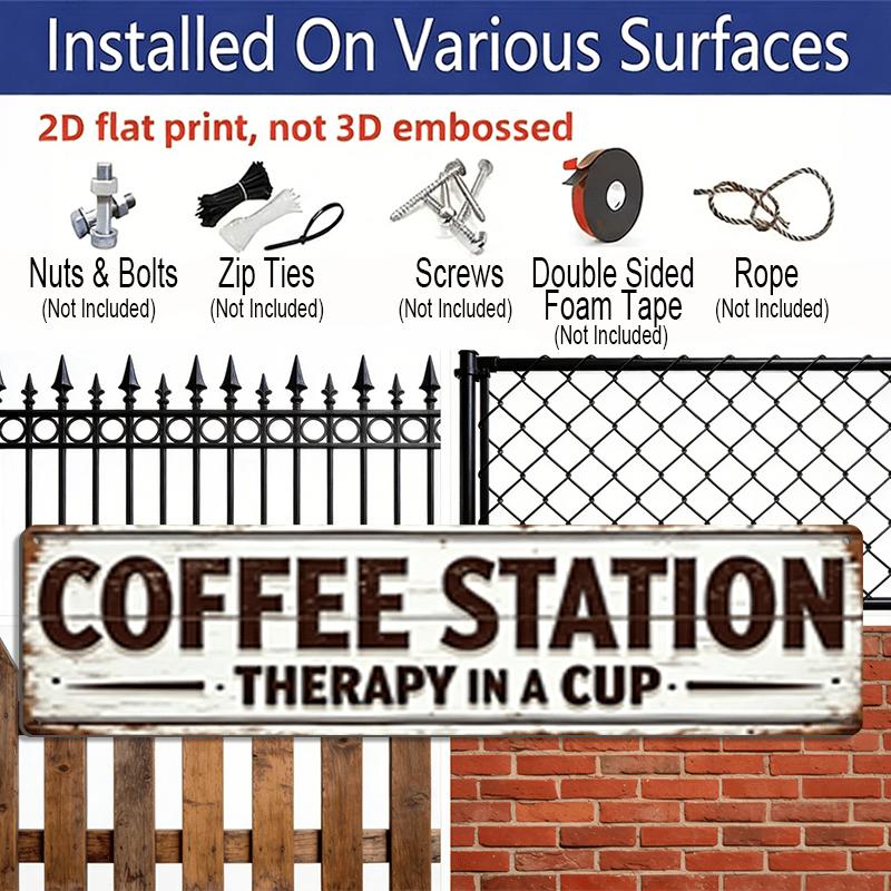 2D Flat, Vintage Station Sign - Rustic Farmhouse Shop Aluminum Decorative Sign with " Station in A Cup" - Large Size 15.7×3.94inch - Dark Brown
