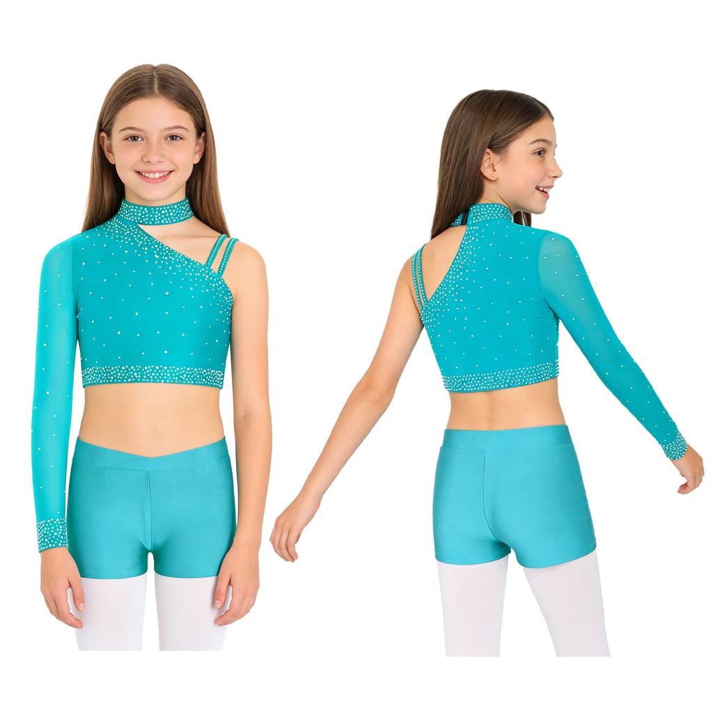 Блестящий укороченный топ для танцев со стразами для девочек: Шорты с асимметричным плечом и V-образным поясом для танцевальных выступлений