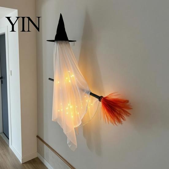 Decorative Halloween Witch Ghost Hanging with Broom Decoration, Flying Ornament for Funny Door Hanger Haunted House Porch Tree Spooky Outdoor
