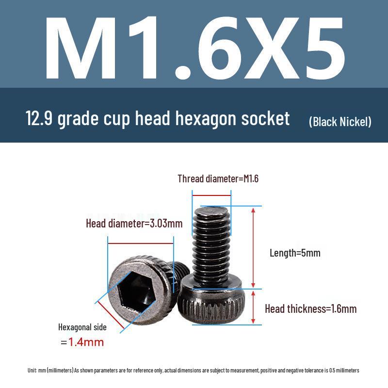 Yigu High-Strength Black Nickel Hex Socket Screw, M1.6-M4, Knurled Cup Head Bolt, 12.9 Grade.