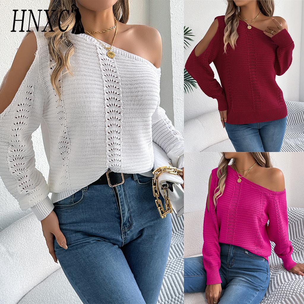HNXC Повседневный пуловер с вырезами на плечах и длинными рукавами для женщин, осень-зима, однотонный