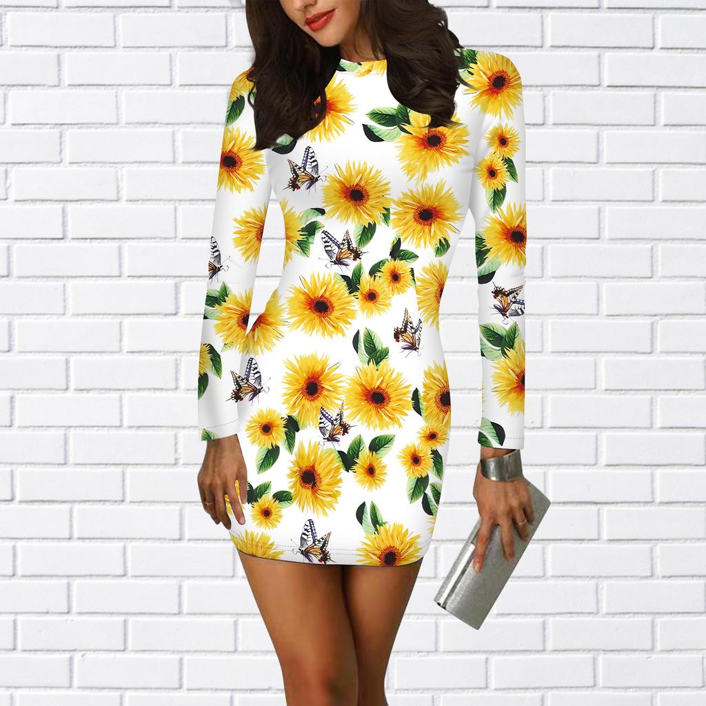 Длинные рукава облегающее платье с 3D фиолетовым принтом подсолнухов женские мини-платья осенние облегающие эластичные вечерние платья