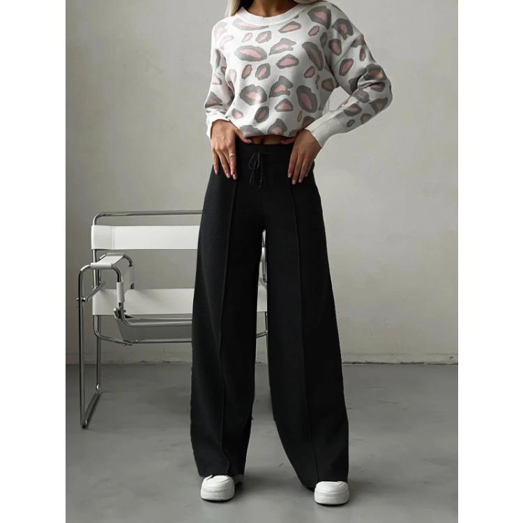 Утолщенные широкие трикотажные брюки женские зимние шикарные полосатые свободные брюки женские повседневные длинные теплые брюки-свитера