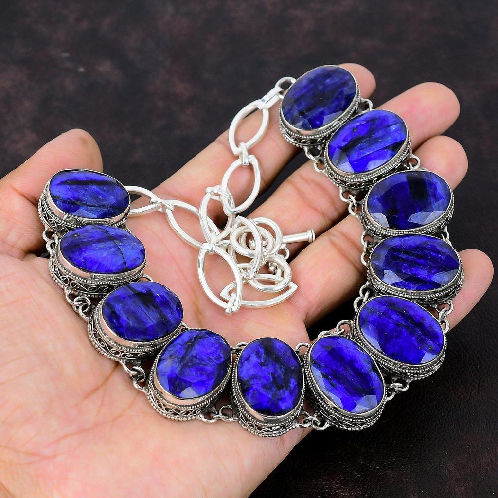 Faceted Blue Sapphire Gemstone Necklace Handmade Vintage Necklace 925 Sterling Silver Necklace Adjustable Chain Necklace Gift For Engagement