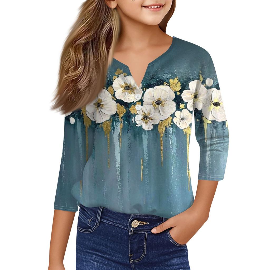 Повседневные модные топы для девочек с принтом, футболка с семью рукавами и пуговицами