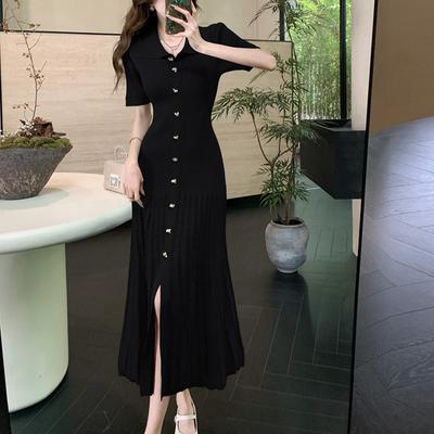 Весеннее женское темпераментное платье с отложным воротником и коротким рукавом, женское однобортное тонкое платье средней длины, большие размеры