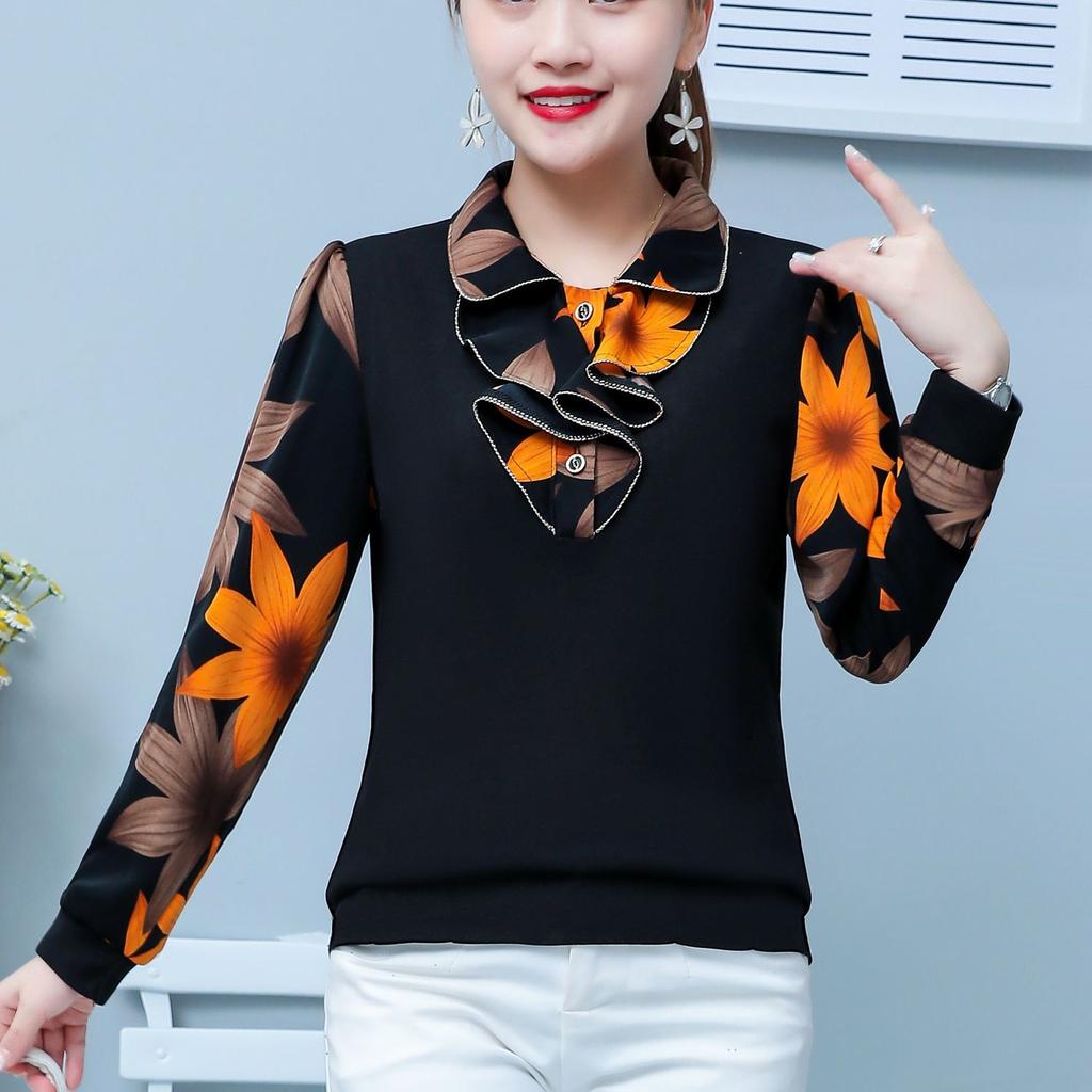 M-5XL, весенне-осенняя новая женская рубашка поло, модная блузка с длинными рукавами для мам, свободная футболка с принтом