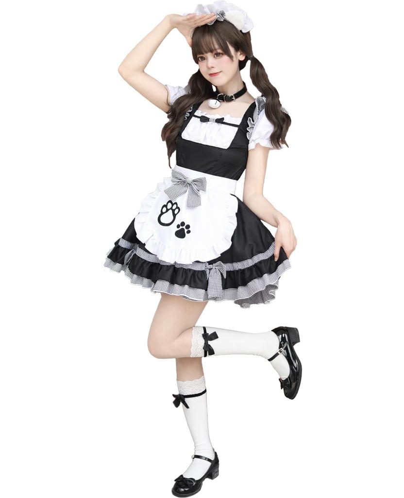Cat Ear Maid Costume with Plus Cute Maid Halloween Maid Perfect for Photo School and Black [CR ROLECOS] Pannier, Size, Uniform, Costume, Women's,