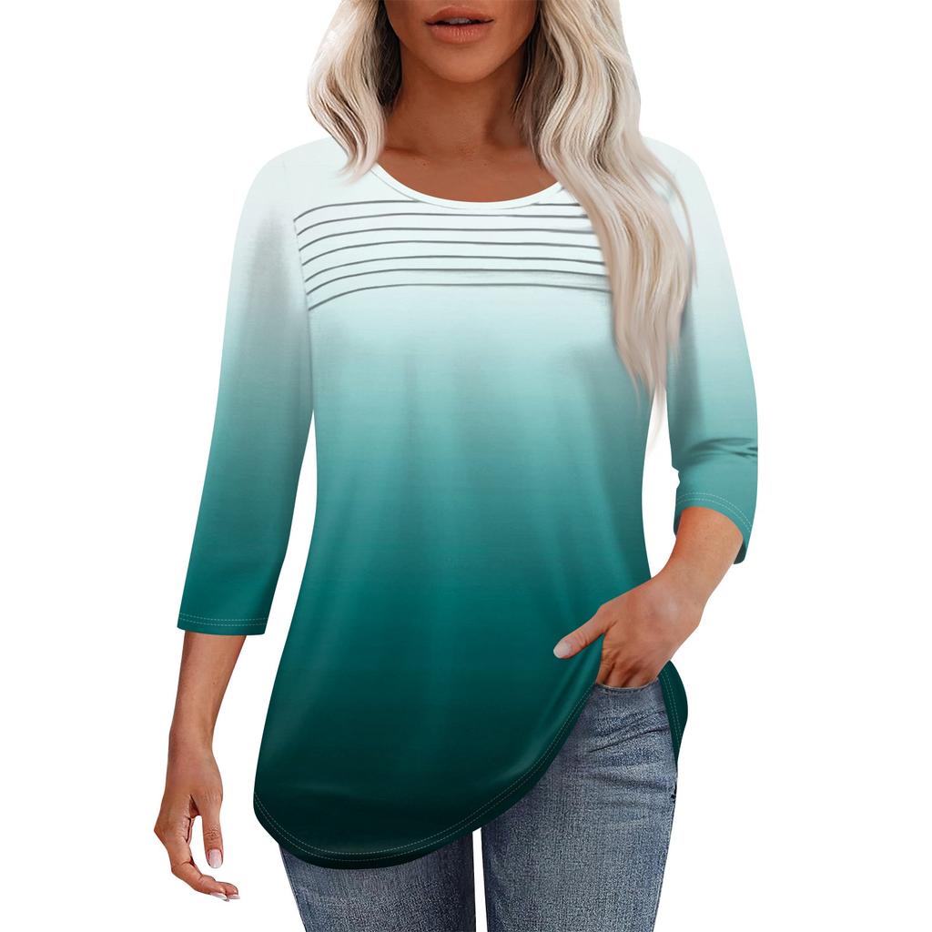 Женская мода круглый вырез шея плиссированная передняя планка однотонный топ рукав 3/4
