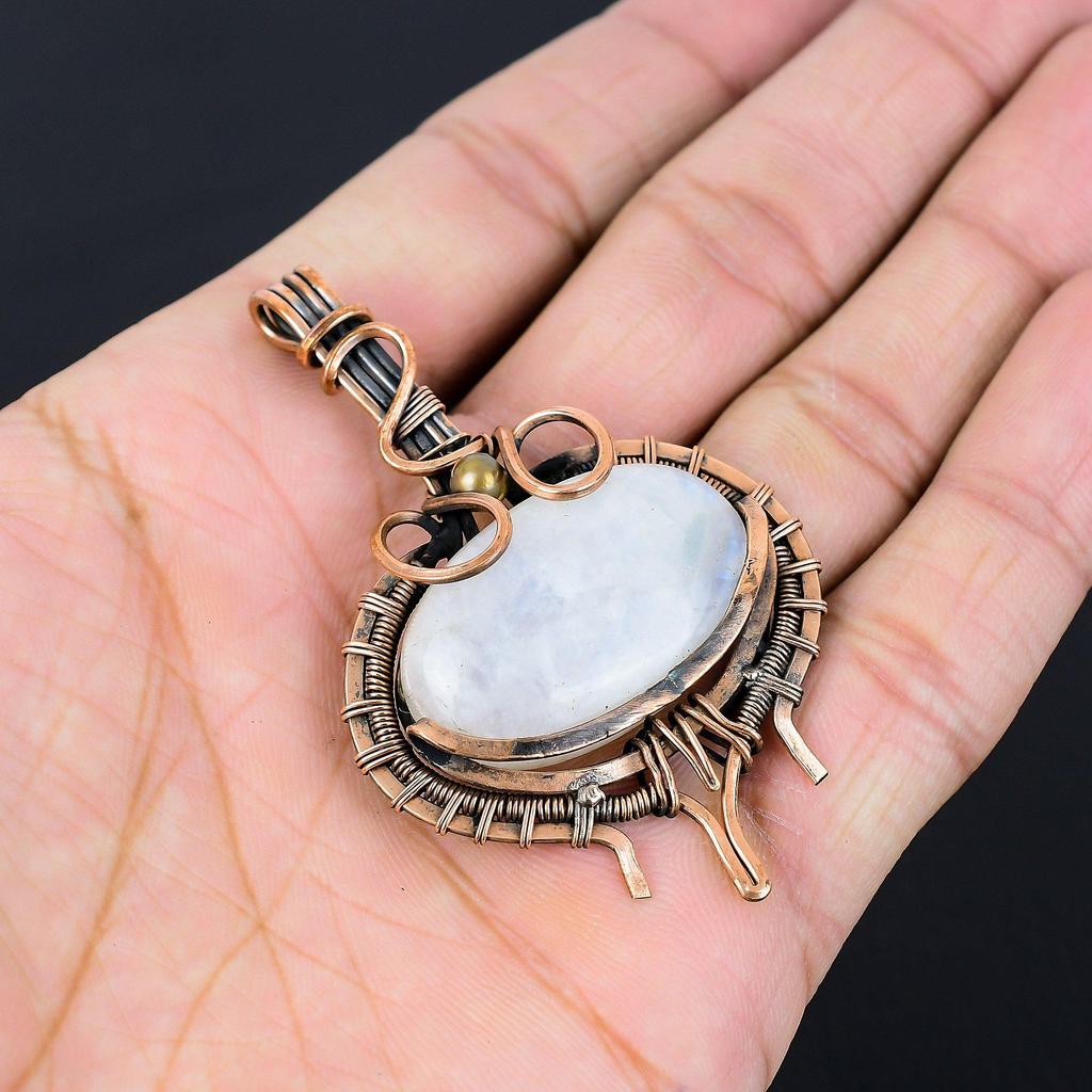 Лунный камень, драгоценный камень, чистая медная проволока, обернутая подвеской ручной работы, ювелирное изделие для нее