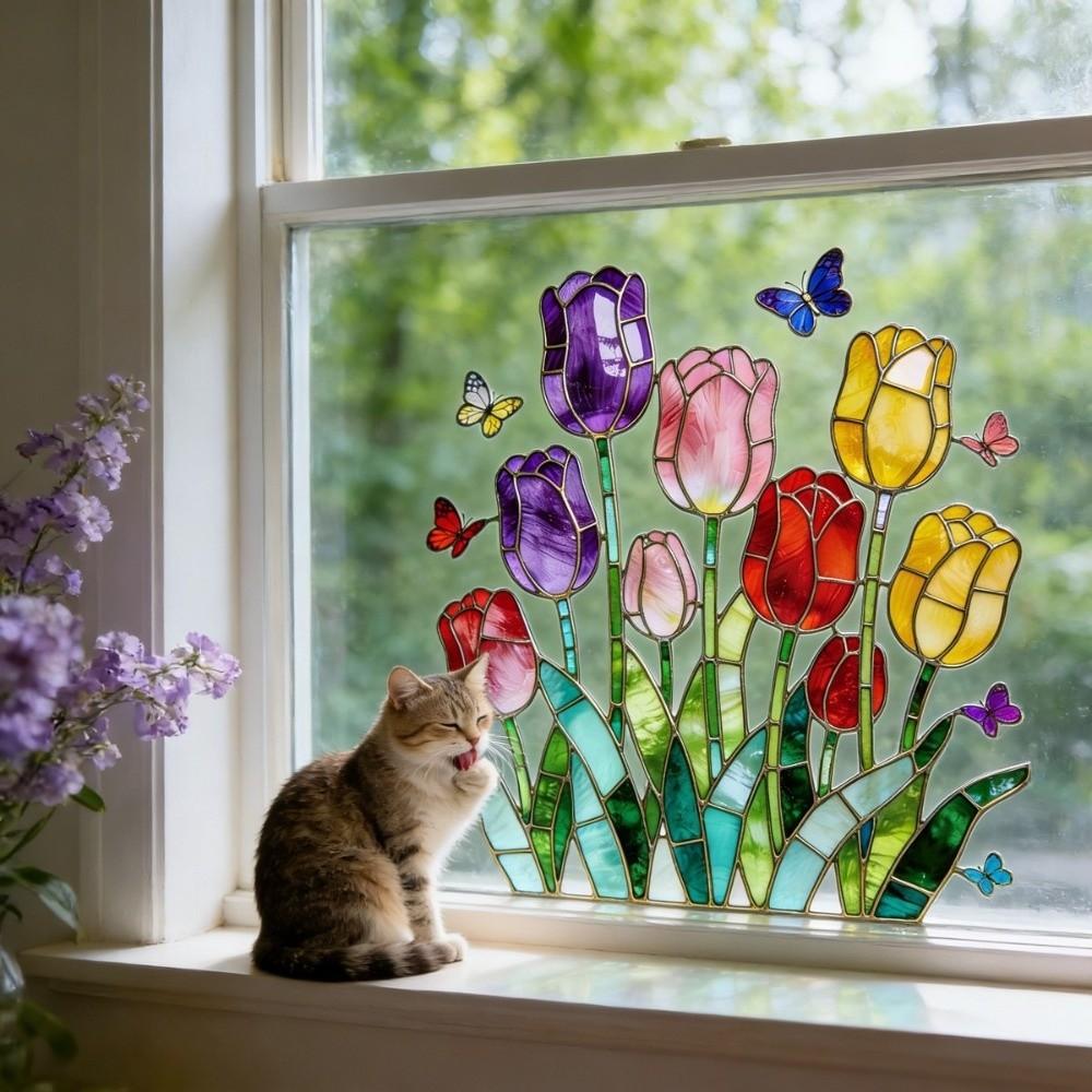 Removable Tulip Window Decals Waterproof Tulip Butterfly Wallpaper Tulip Glass Stickers Doors