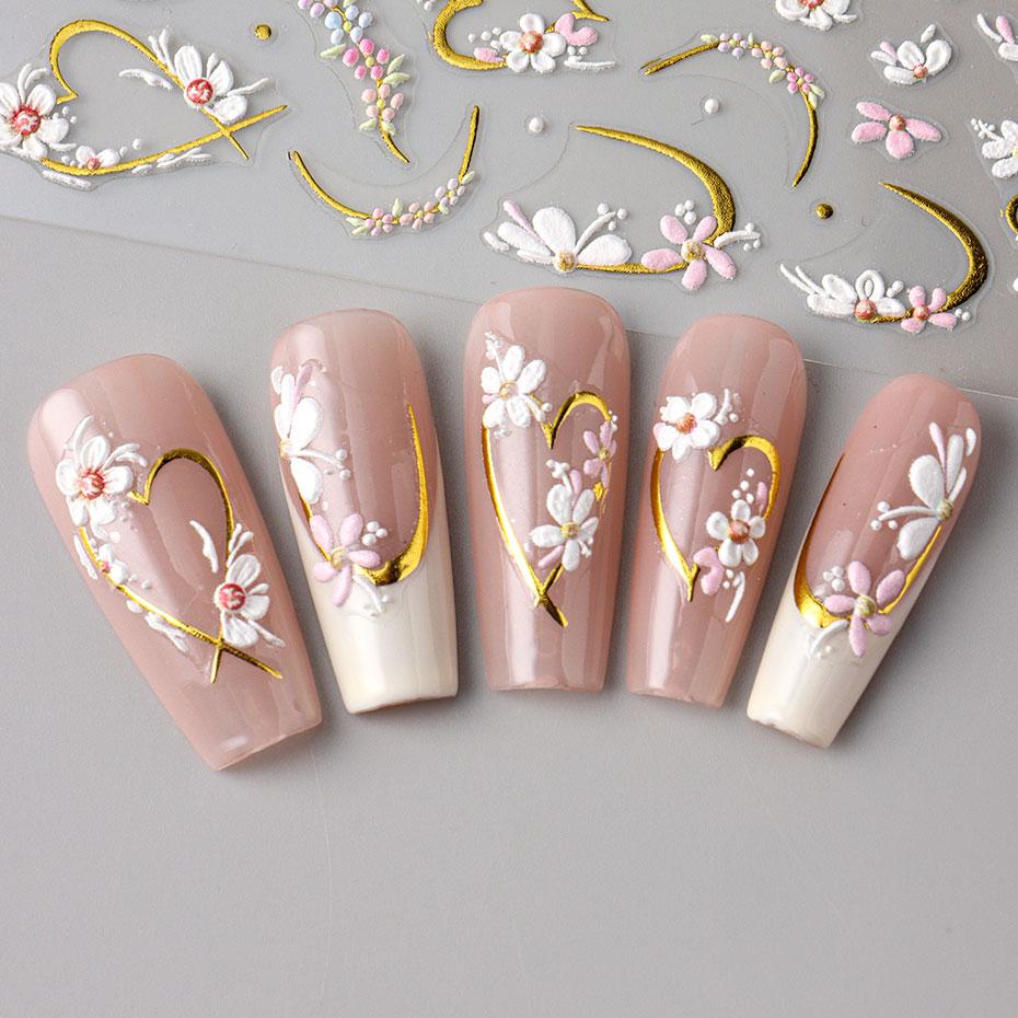 5D тисненые слайдеры Kawaii Floral Gold Line с весенними белыми цветами, наклейки для ногтей, лепестки, свадебные наклейки для ногтей, аксессуары