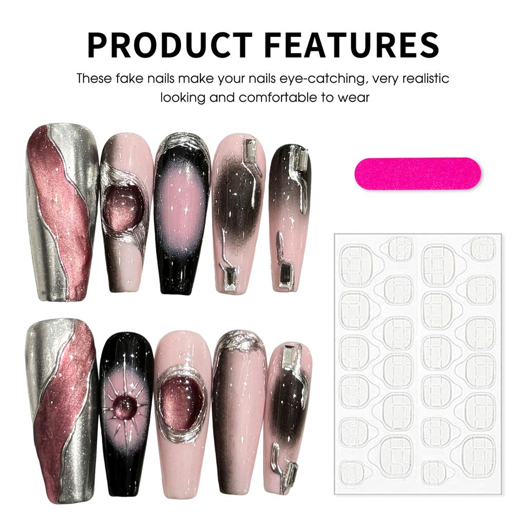 Pink Black Long Press on Nails with Cat Eyes Lightweight and Easy to Stick Fake Nail for Stage Performance Wear