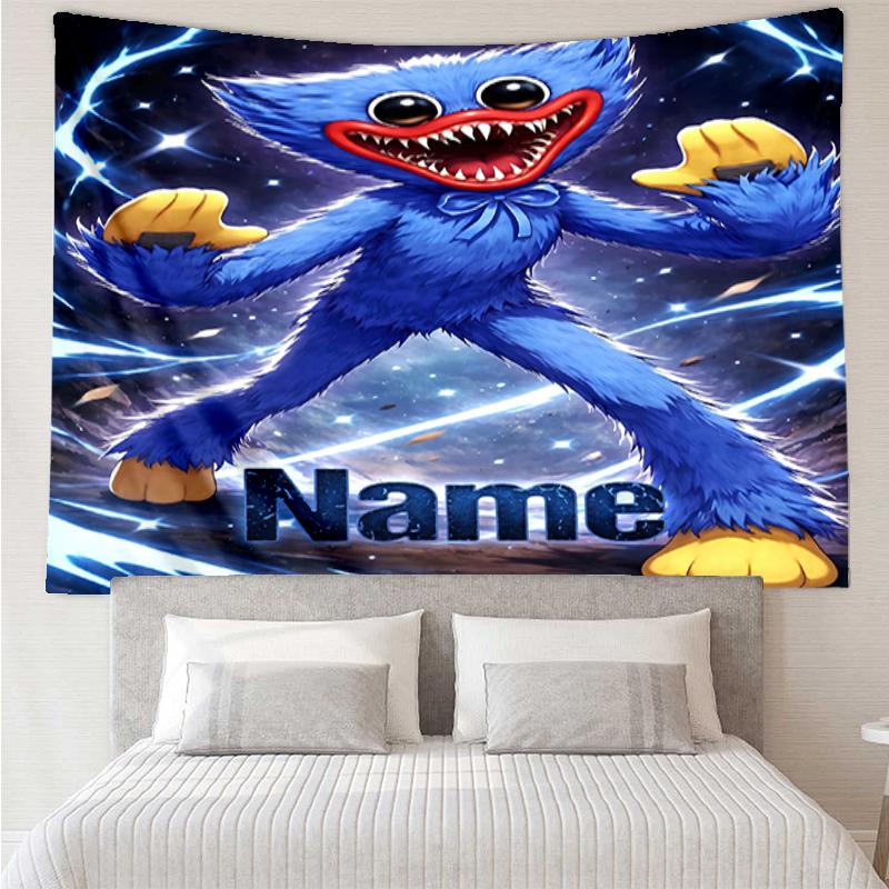 Custom Name Huggy Wuggy Print Tapestry, Backdrop, Easy Setup, Ideal for Bedroom, Office & Living Room, with Aesthetic Wall Hanging Decor.