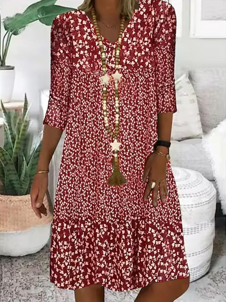 Летнее новое принтованное платье средней длины с V-образным вырезом и рукавами для женщин
