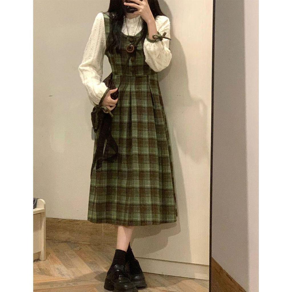 Ретро клетчатый костюм-двойка в стиле мори из смесовой шерсти, 2025: Платье с завышенной талией для студентов, Осень/Весна