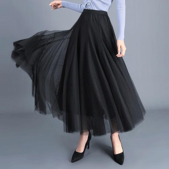 Women Midi Skirt Elastic High Waist Long Skirt with Solid Mesh Hem Solid Color A-Line Skirt Daily Wear
