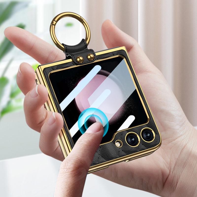Роскошный кожаный чехол-кольцо с гальваническим покрытием для Samsung Galaxy Z Flip 5 5G, стеклянная твердая задняя крышка для экрана для Galaxy Z Flip5