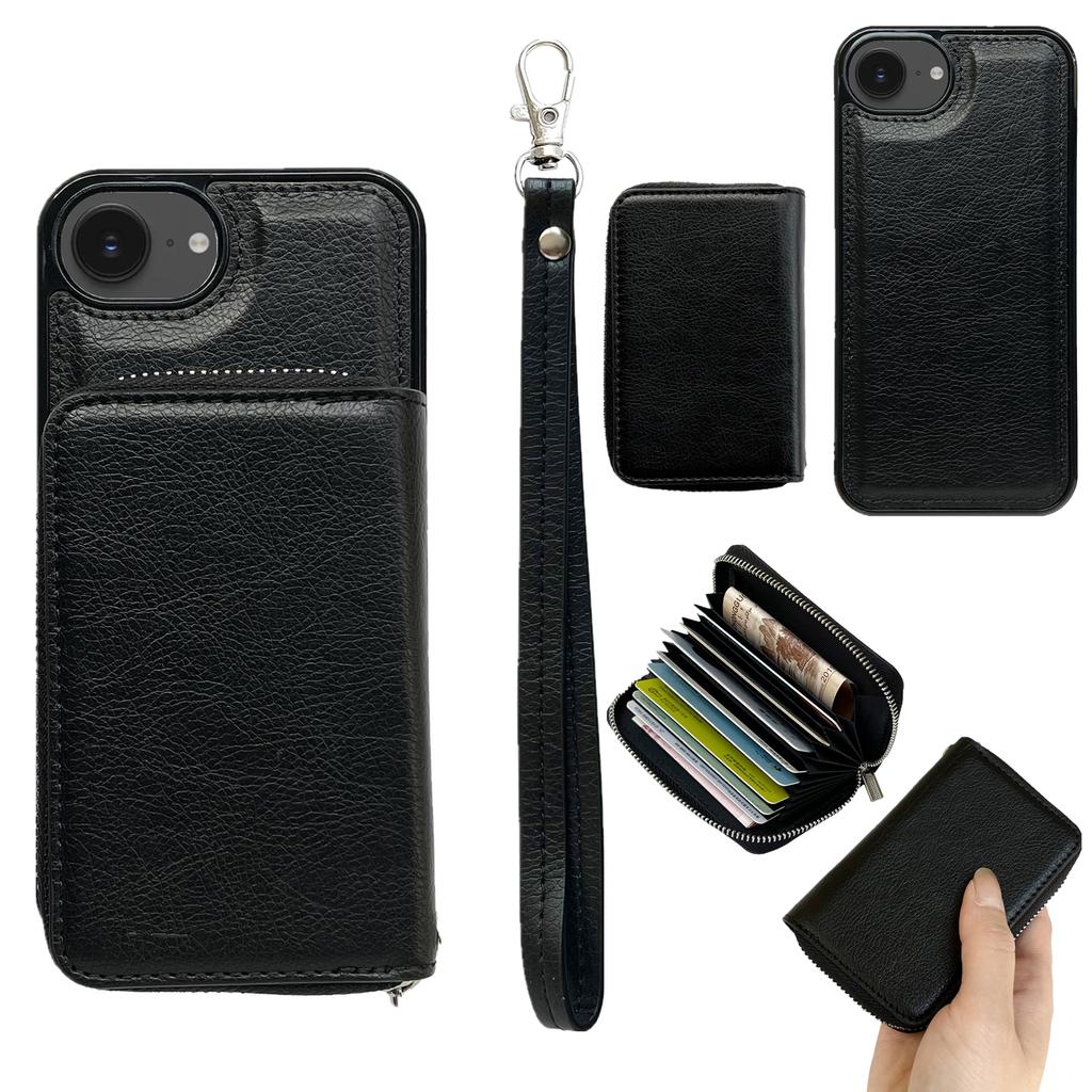 Чехол для iPhone 16e Съемный карман на молнии для карт PU TPU Подставка Чехол для телефона с ремешком