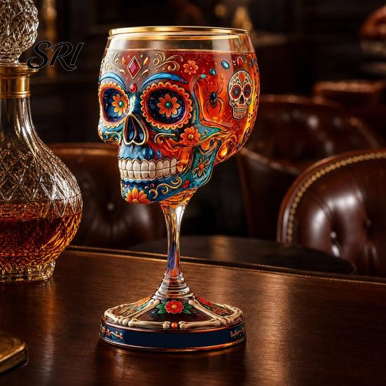 Skeleton Themed Wine Glass Gothic Skull Glass, Hand Painted Goblet, Day Art Glassware of The Dead Decor, Unique Bar Gift for Halloween Altar Accessory