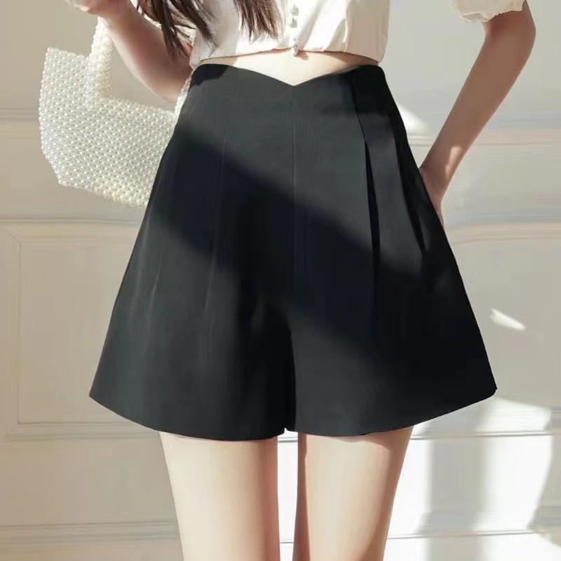 Женский костюм с высокой талией, шорты, летние женские офисные свободные шорты трапециевидной формы с широкими штанинами, повседневные черные модные черные корейские стильные шорты