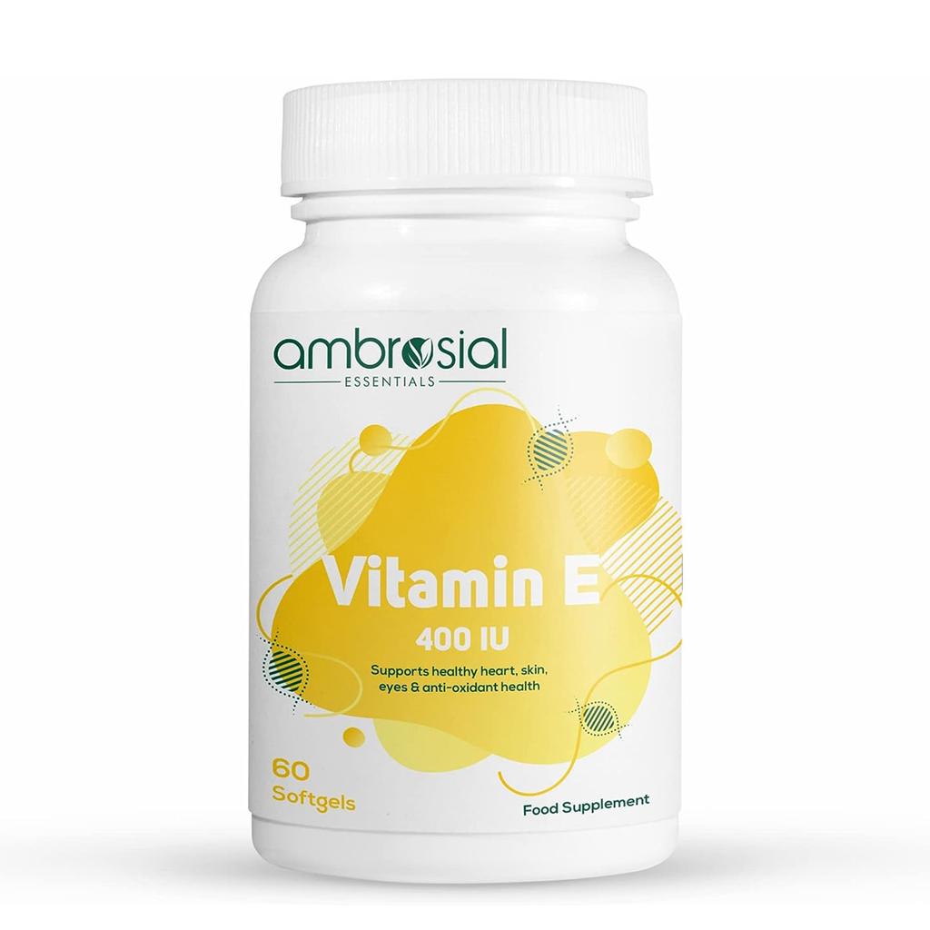 Ambrosial Витамин Е Капсулы для лица 400 МЕ | Натуральный и чистый витамин Е Масляные капсулы | Витамины для волос, кожи и ногтей (Упаковка из 1-60 мягких капсул)