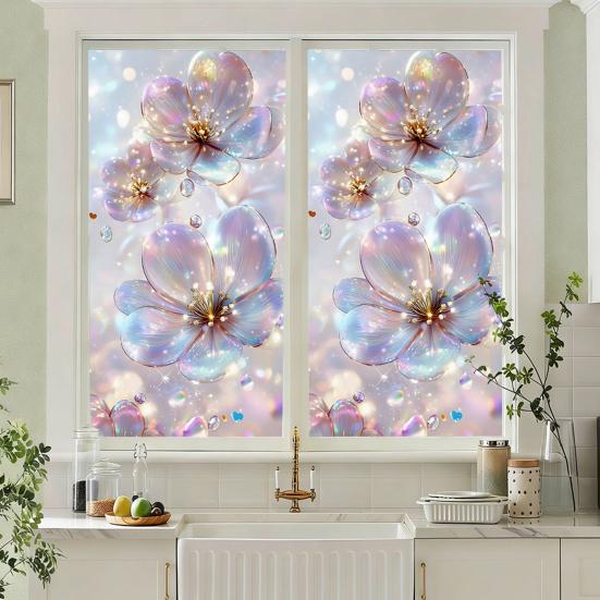 Flowers Window Privacy Film Stained Glass Tulip Butterfly Window Cling Static Glass Sticker for Home Kitchen Office