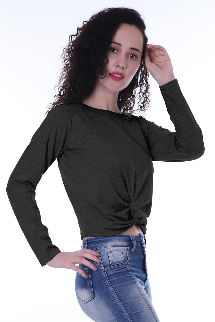 Moomaya Womens Full Sleeves Front Knot Crop Top Summer Tshirt Plain Tee Tops