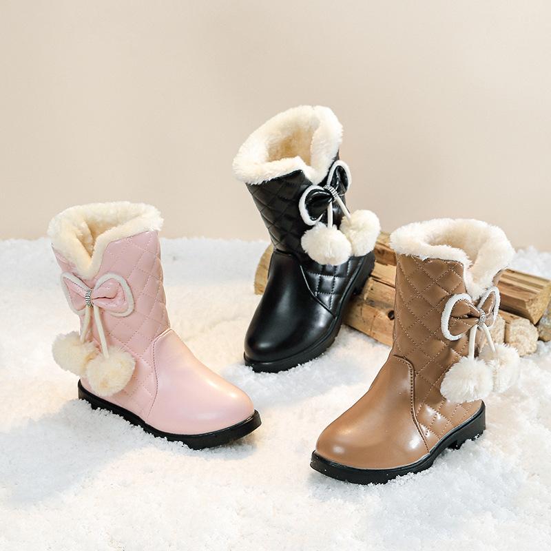 Girls Warm Boots Bow Kids Snow Boots Fur Plush Winter Fashion Children Princess Boots Waterproof Platform