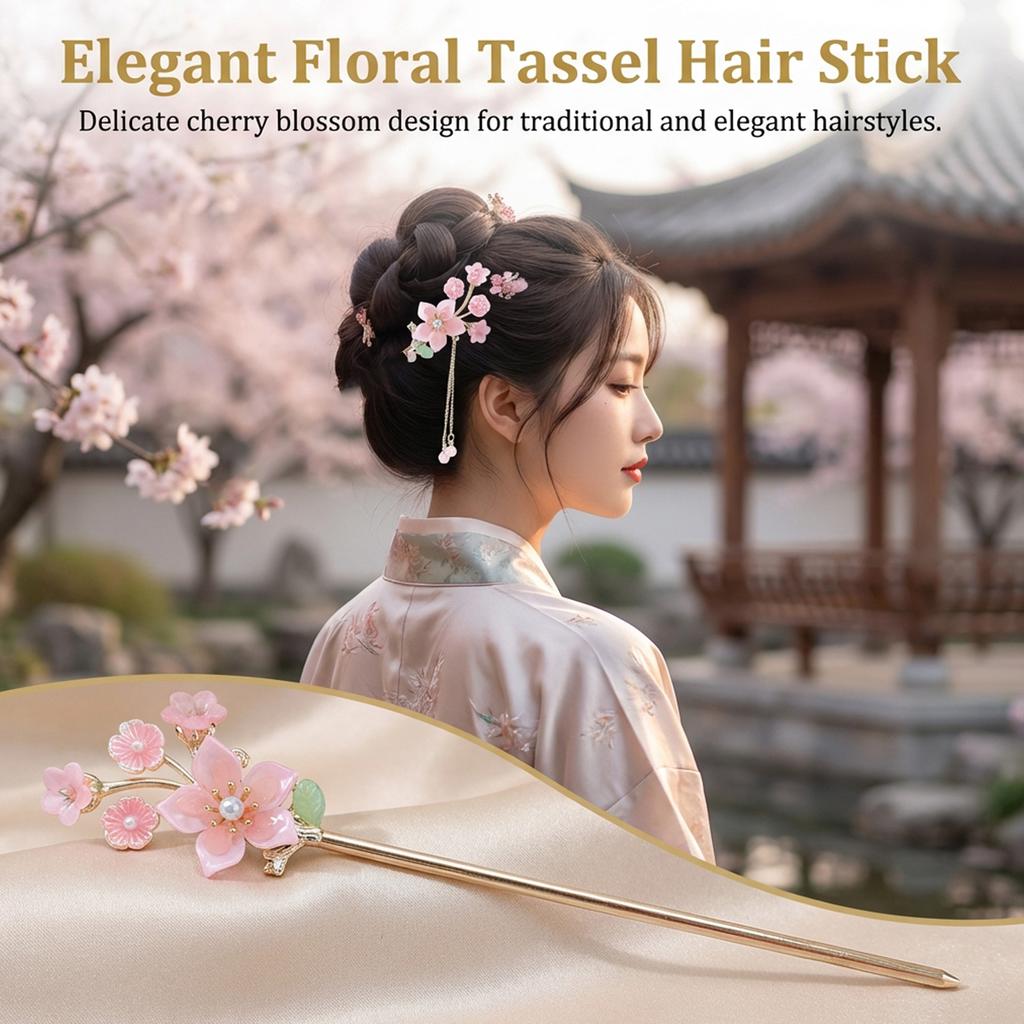 New Chinese Style Hairpin For Women With Peach Flower Shape Pearl Tassels Classical Hair Accessories