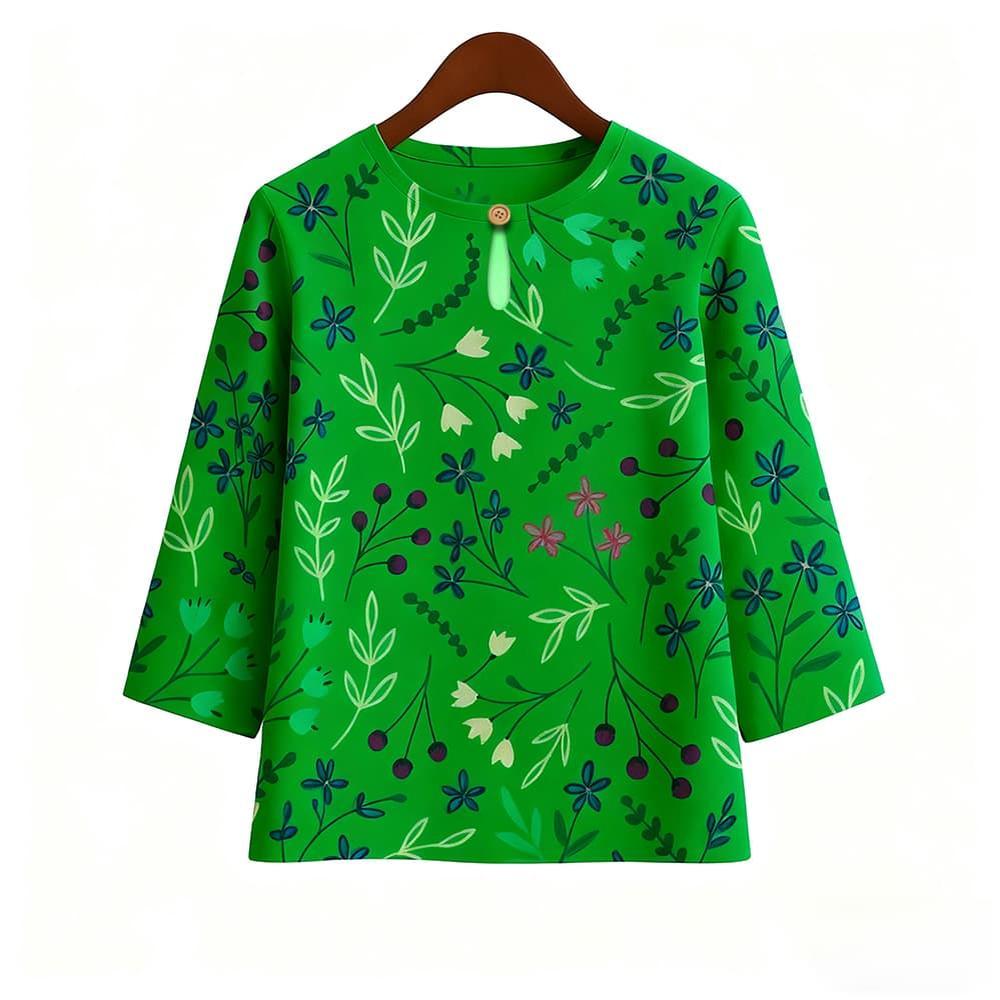 Casual Blouse, Vintage Style, For Women, Floral Print, O Neck, Three Tribal Sleeves, Elegant Loose Top, Made of Elastic Hem