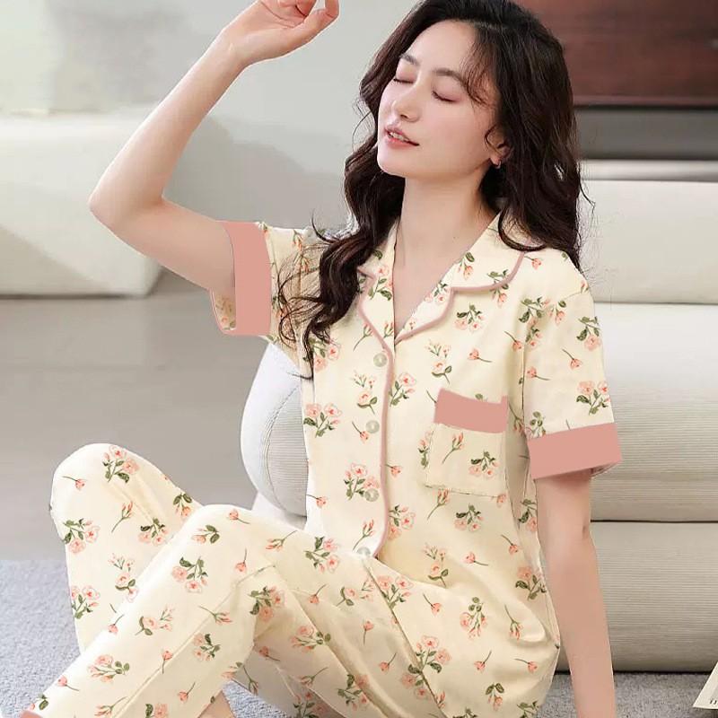Womens Rose Print Pajama Set Short Sleeve Long Pants Plus Size Soft Cotton Blend Casual Loungewear Middle-aged Moms All