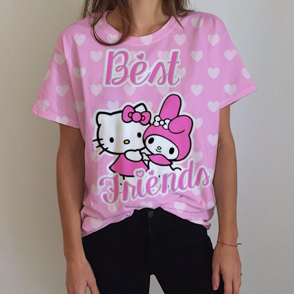 Stylish Summer Hello Kitty Print T-Shirt, Women's Street Style Casual T-Shirt Top, Women's Harajuku Style T-Shirt, Loose Fit Clothing