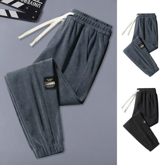 Winter Fall Men Sport Pants Loose Drawstring Elastic Waist Thick Plush Pockets Plus Size Ankle-banded Solid Color Exercise Trousers Sweatpants